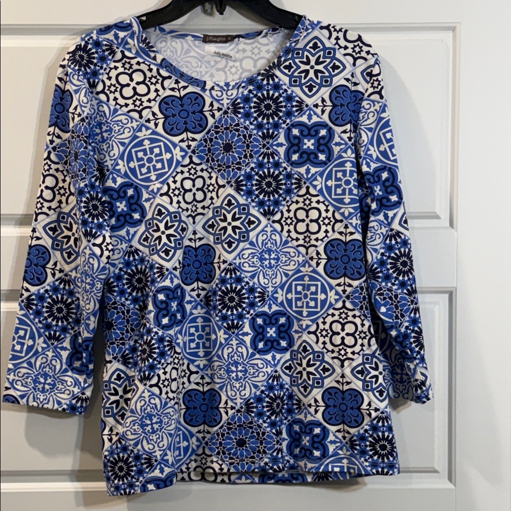 J McLaughlin Top Blue patchwork 3/4 Sleeve Catalina Cloth XL